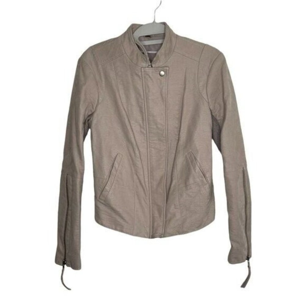 Free People Vegan Leather Moto Jacket Taupe Beige Zip Cuff Stand Collar Small